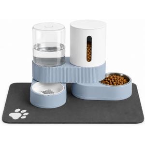 Gravity Cat Feeder 2 Pack Automatic Food Feeder Stainless Steel Water Dispenser Set 360 Degree Rotatable Pet Bowls with Silicone Mat for Cats Small Medium Dogs, Large Capacity(Blue)