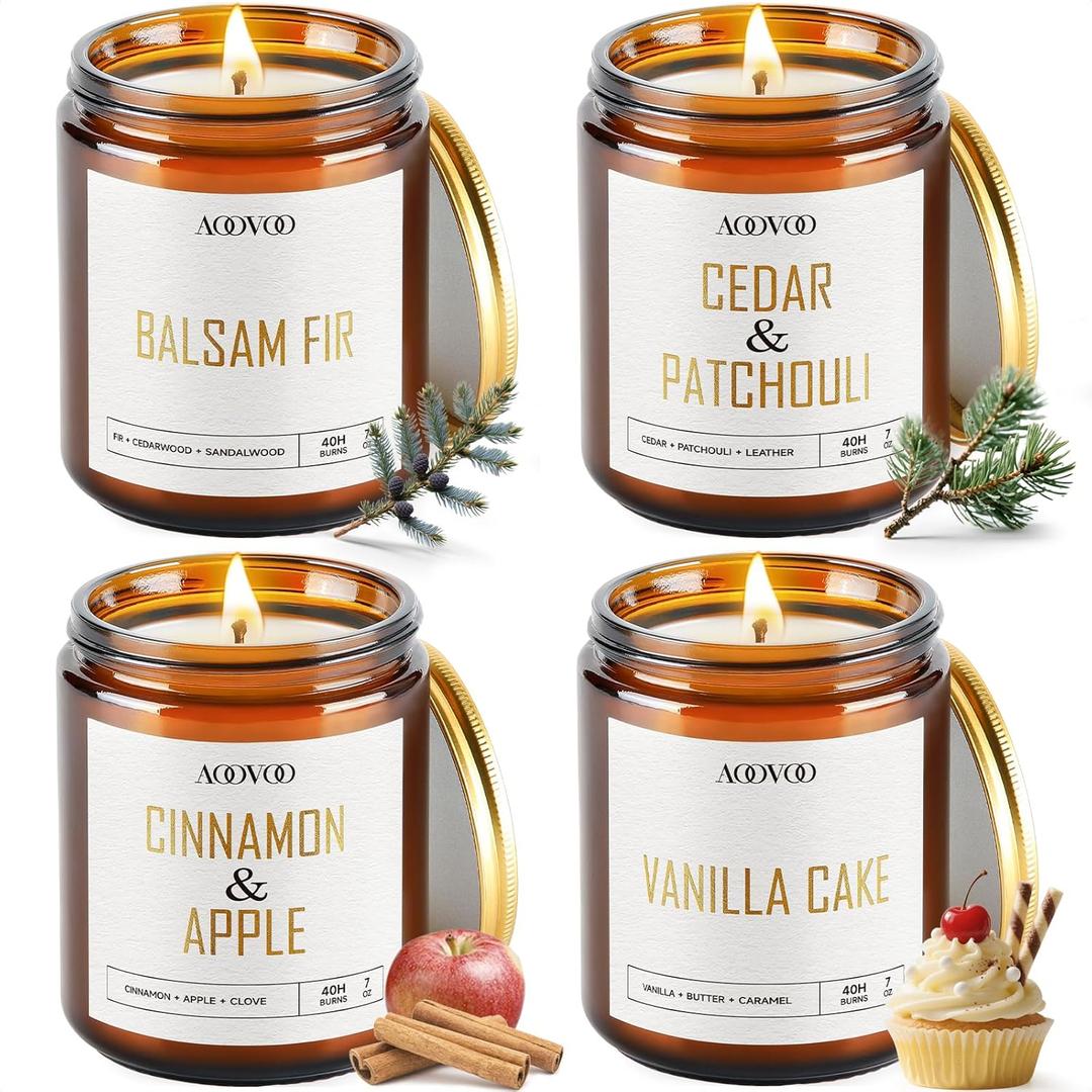 AOOVOO Christmas Candle Set - 4PC Scented Candles, 28 oz Soy Candles, Soy Candle for Home Scented, Balsam Fir/Cedar Patchouli/Cinnamon Apple/Vanilla Cake