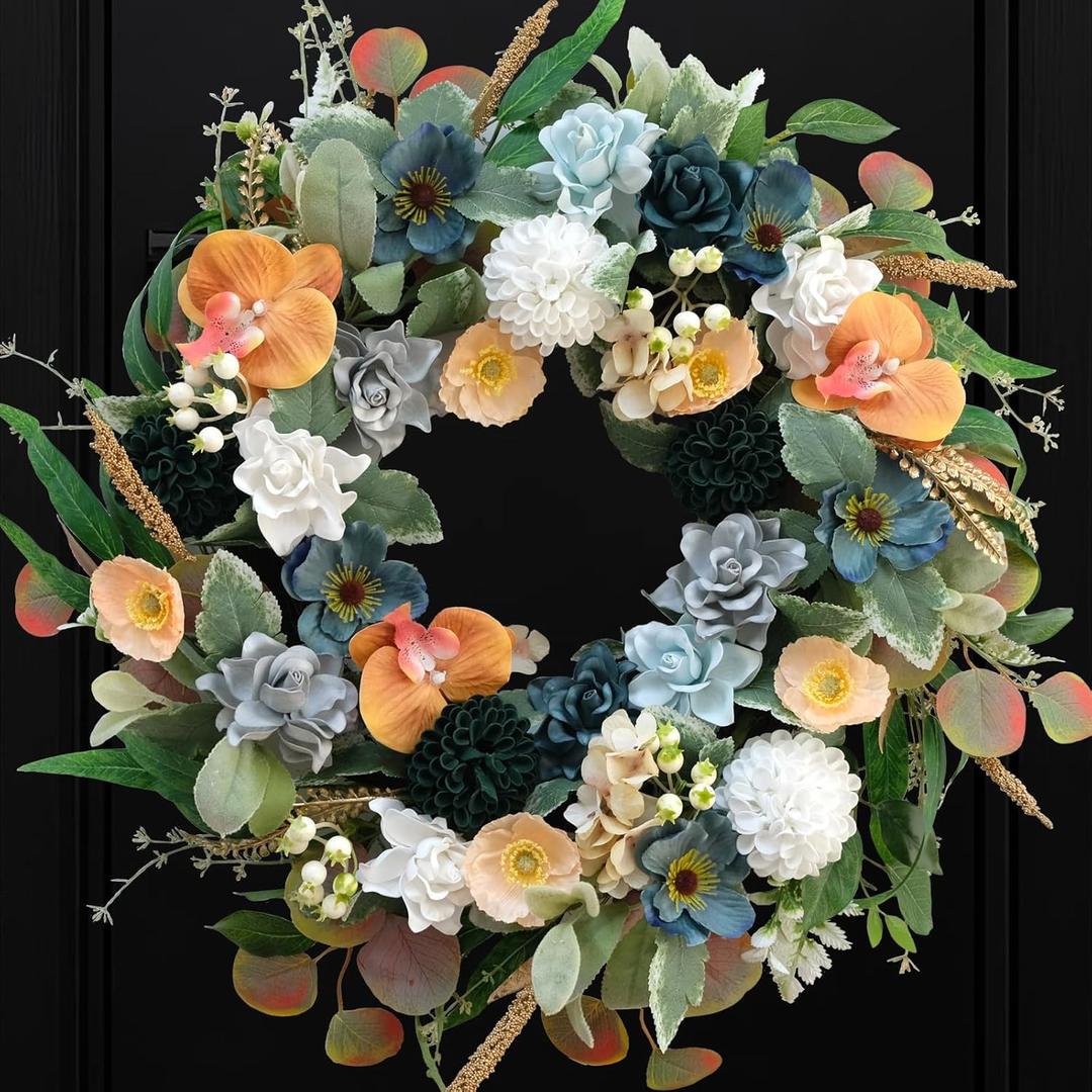 Bibelot 22 Inch Spring/Summer Floral Wreaths for Front Door,Artificial Valentines Day Wreath with Roses Dahlias Gardenias phalaenopsis for Home Wall Window Wedding Party Festival Decor