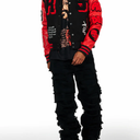 An urban collegiate varsity jacket for men in red. Designed with an ultra soft fleece body and contrast faux leather sleeves for a dope outerwear style, XL