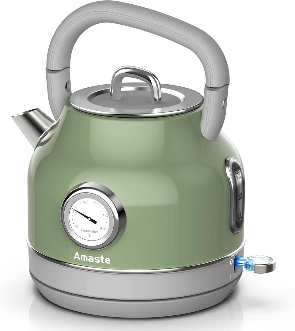 Amaste Electric Kettle, Retro Electric Tea Kettle with Thermometer, 57 Oz Hot Water Kettle for Coffee & Tea, 304 Stainless Steel, 1500W Fast Boiling, Auto Shut-Off & Boil Dry Protection, Matcha Green