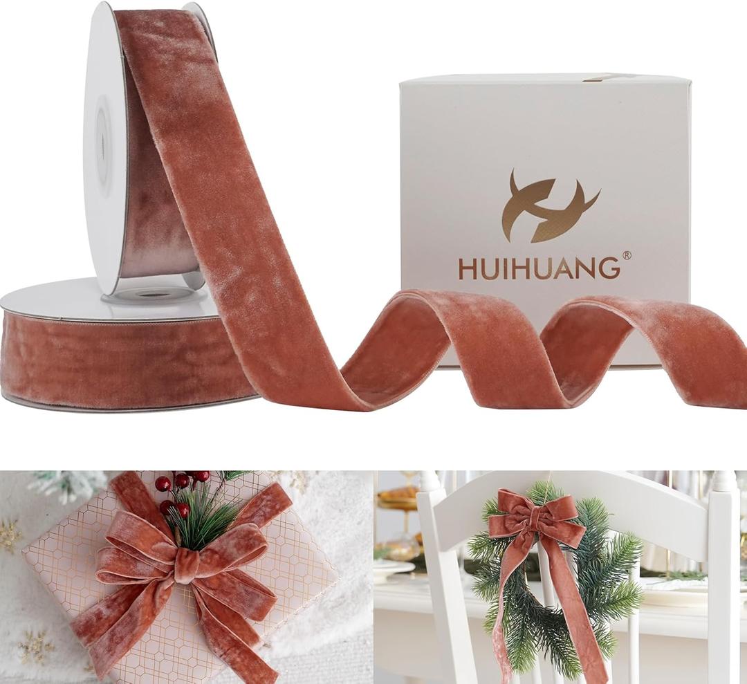 HUIHUANG Velvet Ribbon 1 inch Rose Gold Double Face Thick Velvet Ribbon for Christmas Tree Ornaments, Gift Wrapping, Wreath Decor, Bows, Crafts, Wedding Decor- 10 Yards