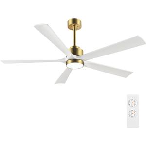 60" Modern Ceiling Fan with Lights and Remote Control, 5 Solid Wood Blades 6-Speed Noiseless Reversible DC Motor, Ceiling Fan for Bedroom Dinning Living Room, Gold Finish with White Blade (60" Ceiling Fan with Light, Gold+White)