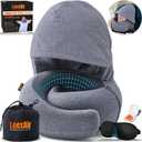 LOEXAIR Hooded Pro Travel Pillow - Memory Foam Neck Support Pillow for Airplane, Flight - Super-Soft Pure Cotton Fabric, Maximum Privacy & Light-Block Design, Lightweight Full Travel Kit - Light Grey