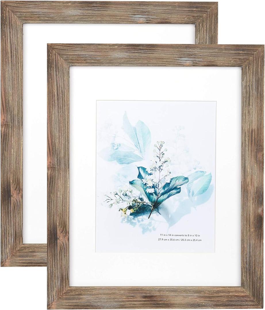 KAIWIN 100% Solid Wood Brown 11x14 Picture Frame 2 Pack Display Picture 8x10 with Mat, Rustic Wooden Photo Frames for Wall Mounting