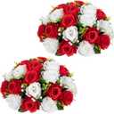 Briful Fake Floral Balls for Centerpieces - 2PCS 11.8" Large Faux Rose Flower Arrangement Silk Flower Bouquet for Home Wedding Party Anniversary Table Vase Flower Stand Decor(Red White)