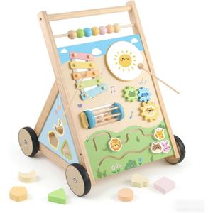 Wooden Baby Walker, Baby Walker with Wheels, Includes Montessori Sensory Toys and Activity Center, 6-18 Months for Boys and Girls, Medium