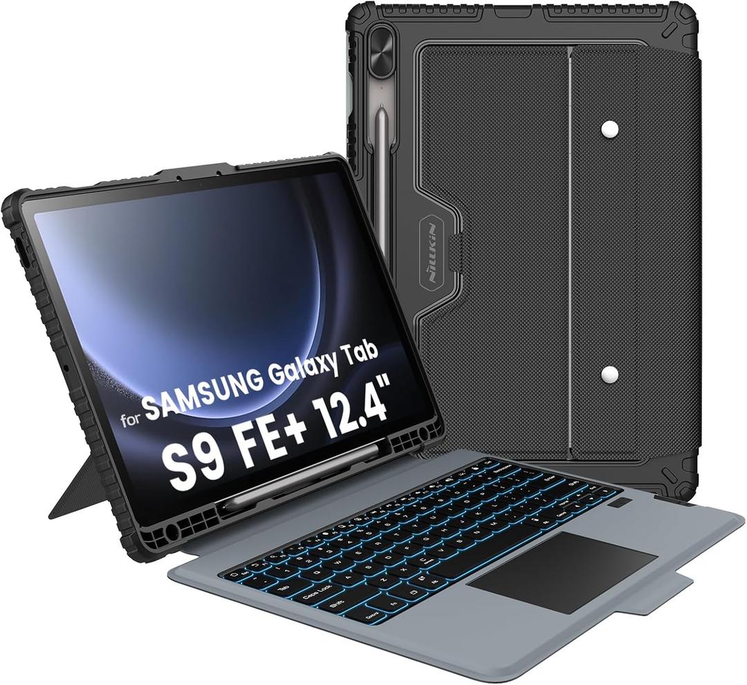 Nillkin for Samsung Galaxy Tab S9 FE Plus Case with Detachable Keyboard, Multi-Touch Trackpad, 7-Color Backlit, S Pen Holder, Rugged Keyboard Case with Camera Cover for Samsung Tablet S9 FE+ 12.4"