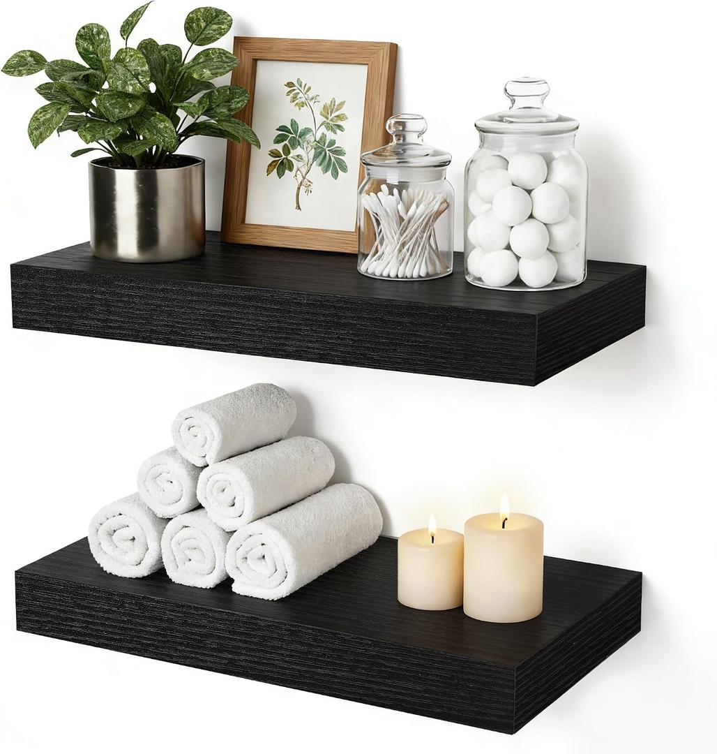 Floating Shelves Bathroom for Wall, Bathroom Shelves Over Toilet, Wall Shelves & Book Shelf, Hanging Shelf, Modern Wooden Wall-Mounted Small Floating Shelves, 12x7x1.5 in (Black, Set of 2)