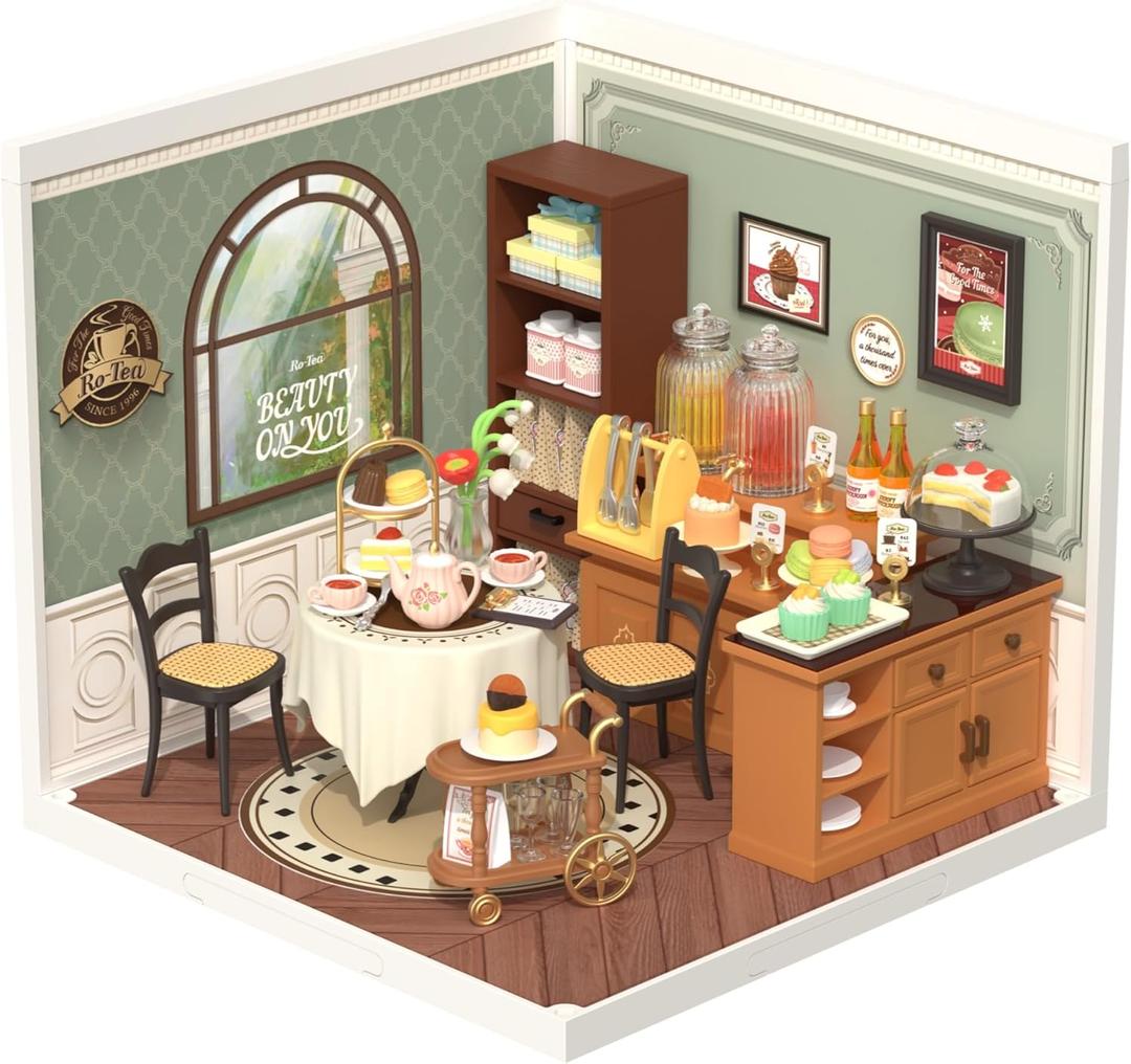 ROBOTIME Miniature House Kit DIY Plastic House Building Toy Set with LED Tiny Store Making Kit Model Craft Hobby Unique Gift (Sweet Sips Tea)