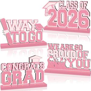 4Pcs Pink Rose Gold Graduation Decorations Class of 2026 Wooden Centerpieces for Tables Congrats Grad Table Topper Congratulations Tiered Tray Decor for 2026 Graduation Party Decorations Supplies