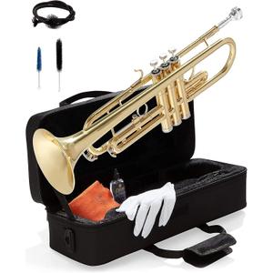 Mendini By Cecilio Bb Standard Trumpet Set for Beginners - Brass Student Trumpet Instrument with Hard Case, 7C Mouthpiece, Valve Oil, Cleaning Cloth, Gloves and Maintenance kit (Golden)