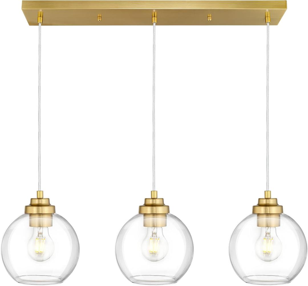3-Light Gold Linear Chandelier, Globe Kitchen Island Lighting, Modern Pendant Light with Clear Glass for Dining Room Living Room Pool Table, ZCPL101BG-3S (8 inch)