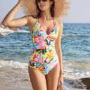RXRXCOCO Women Tankini Swimsuits Bathing Suits Tummy Control Colorblock V Neck Ruched High Waisted Swimwear Floral Print, Large