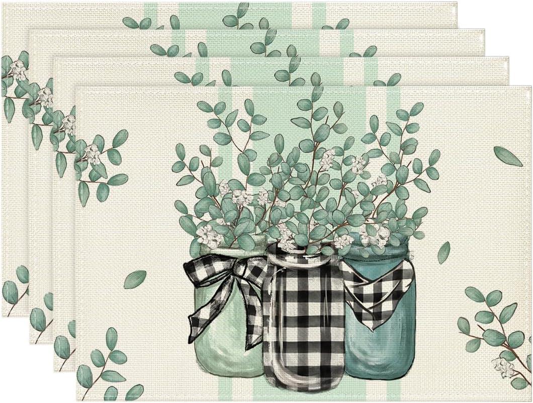 Artoid Mode Eucalyptus Buffalo Plaid Spring Placemats Set of 4, 12x18 Inch Vase Seasonal Table Mats for Party Kitchen Dining Decoration (Beige/Green)