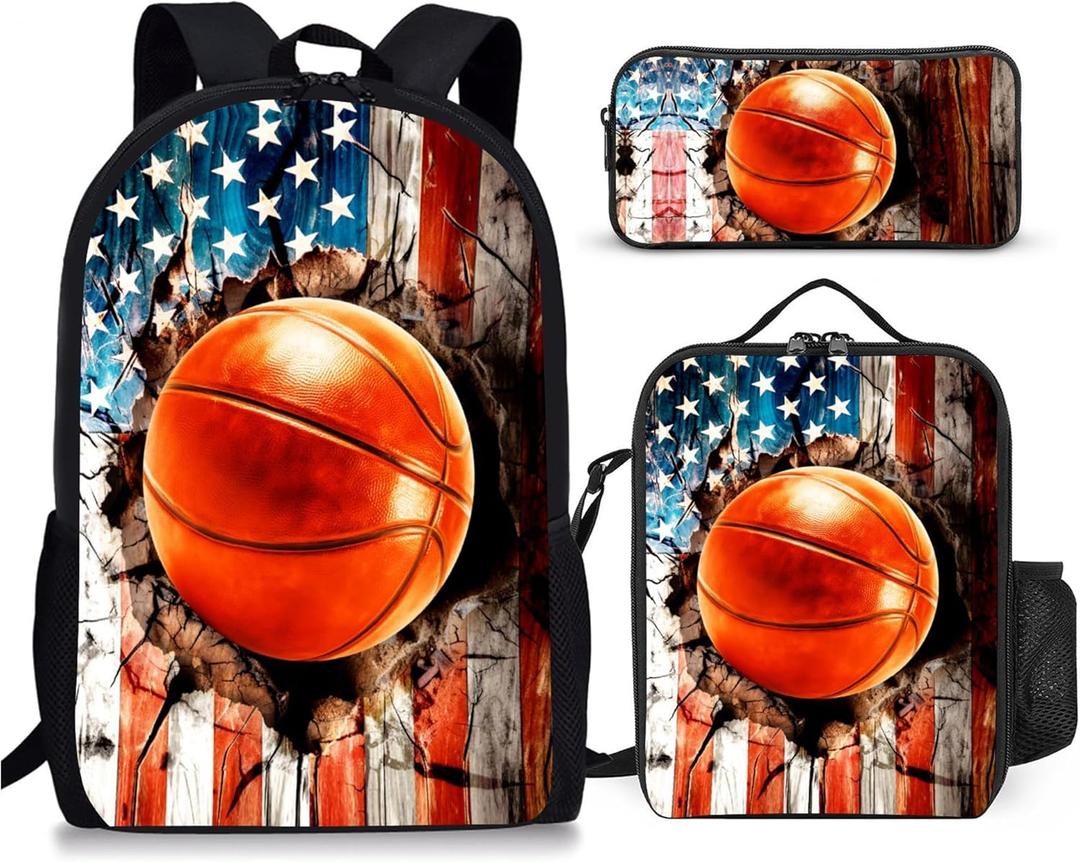 3PCS Basketball Backpack for Boys Girls Teens, School Backpack with Lunch Box Pencil Case for Elementary Middle High Students, 17 Inch Lightweight Bookpack 3 in 1 Set Back to Shool Gifts for Kids