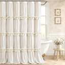 Ruffle Shower Curtain with Bow Vintage Farmhouse Linen Shower Curtain for Bathroom, Cream, 72" W x 78" H