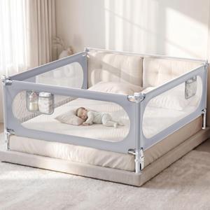 3-Sides King Size Bed Rails for Toddlers, Baby Bed Rail Guard for Kids | Headboard Rod, No-Drill, Height Adjustable, No-gap Safety, Single Side Lift, Children Lock, Storage Pockets, Breathable Mesh