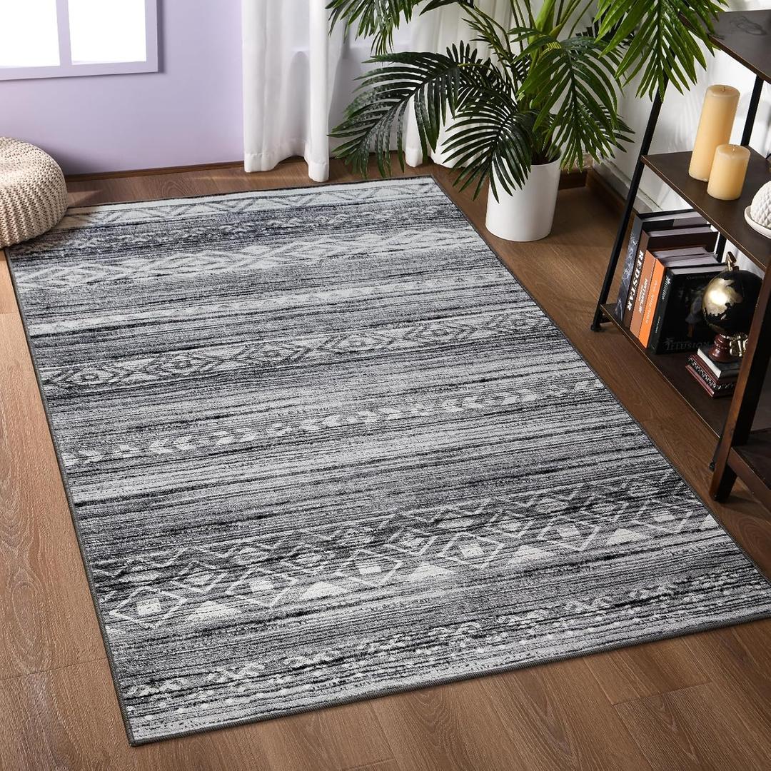 Living Room Rugs 5x7 Washable Farmhouse Neutral Large Moroccan Geometric Soft Non Slip Indoor Thin Floor Carpet for Bedroom Dorm Dining Table Home Office Grey Area Rug