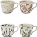 Ceramic Coffee Mug, 12 oz Novelty Unique Teacup with Large Handle, Stoneware Cup for Tea Mocha Latte Cappuccino Espresso (Set of 4, Butterfly Grass Ivy and Leaf) (one missing )