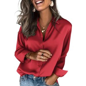 Zeagoo Satin Blouses for Women Silk Button Down Shirts Long Sleeve Business Casual Tops (X-Large, Red)