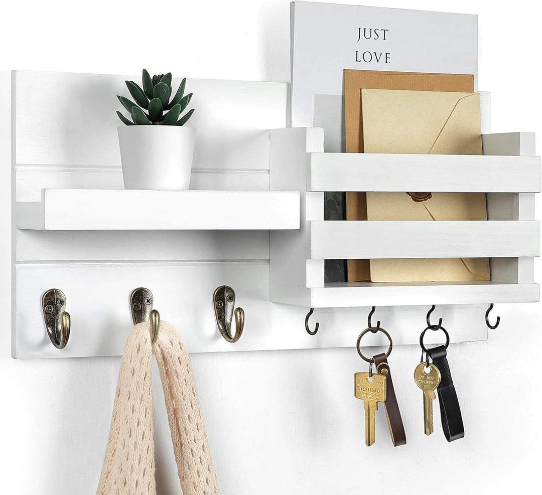Mail Organizer for Wall Mount  Key Holder with Shelf Includes Letter Holder and Hooks for Coats, Dog Leashes  Rustic Wood with Flush Mounting Hardware (16.5 x 8.7 x 3.5) (White)