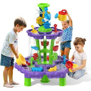 Kids Flower Water Sand Table for Toddlers - 2-Tier Outdoor Water Sand Play Table Toys for Boys Girls, Summer Splash Activity Sensory Table Party Birthday Gift for Kids 3-5 6-12(Purple)