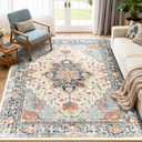 RELEANY Area Rugs 5'x7' Washable Vacuum-Friendly, Non-Slip, Floral Vintage Distress Print Pattern Medallion Carpet for Living Room BedroomBeige Navy Blue Orange Colorful  Beige/Blue/Orange, 5' x 7' (Rectangular)