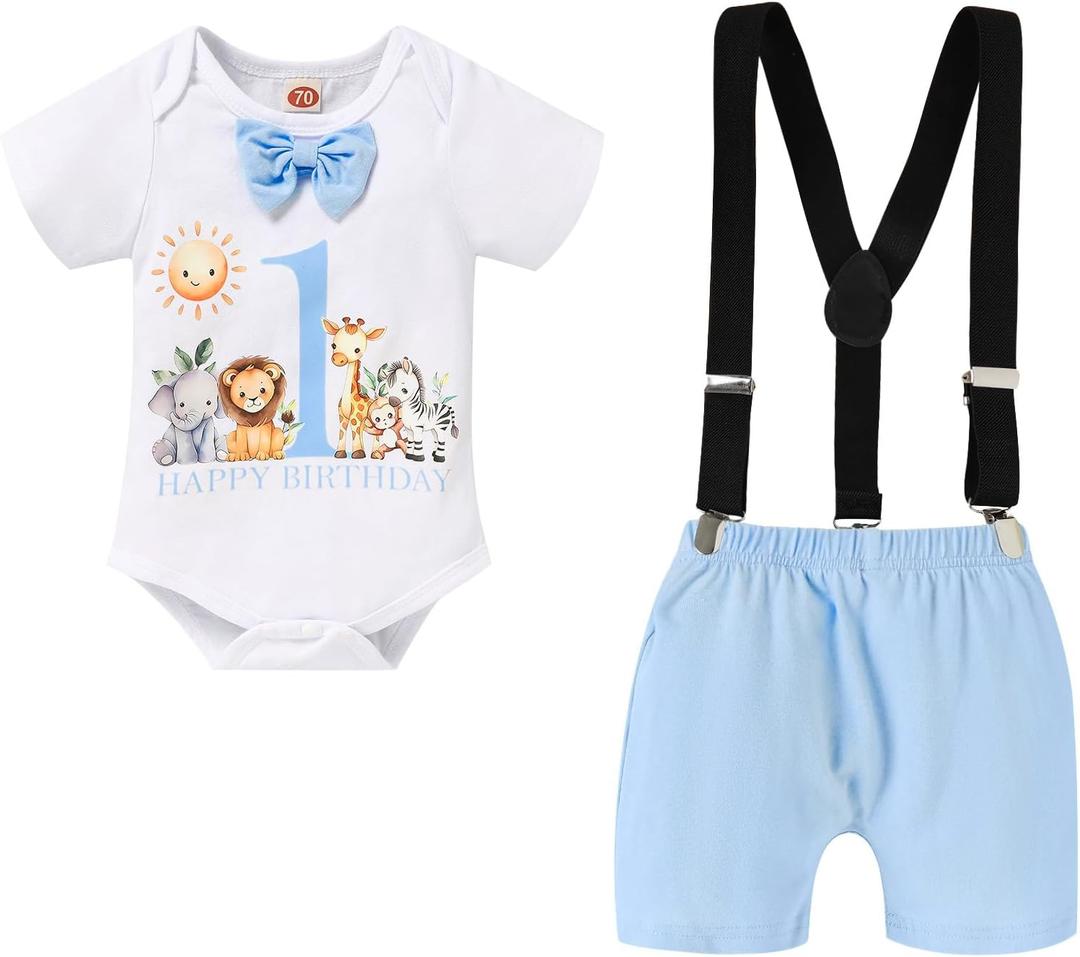 GRNSHTS Baby Boy Funny First Birthday Clothes Infant Boy Bow Tie Romper Bodysuit Cake Smash Outfits (9-12 Months)