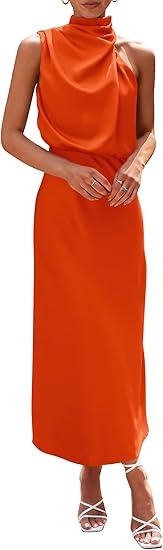 PRETTYGARDEN Women's 2026 Summer Satin Dress Elegant Sleeveless Mock Neck Cocktail Party Maxi Dresses Orange L