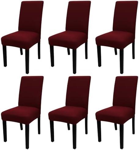 JQinHome 6 Pcs Dining Chair Slipcover, High Stretch Removable Washable Chair Seat Protector Cover for Home Party Hotel Wedding Ceremony (Burgundy)