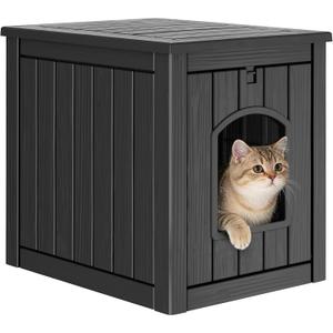 Cat Litter Box Enclosure, Enclosed Cat Litter Box Raised Floor, Openable Front Door Outdoor Cat House Weatherproof, Easy to Clean, Black