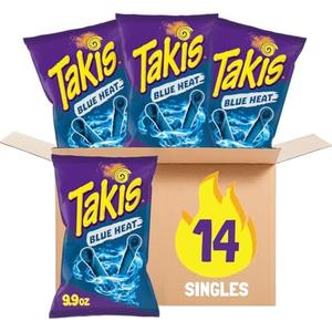 Takis Blue Heat Rolled Tortilla Chips, Hot Chili Pepper Flavored, Multipack Box with 14 Bags of 9.9 Ounces, Exp 02/26