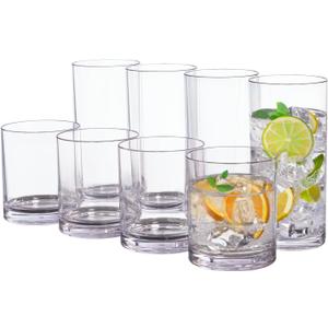 US Acrylic Classic Clear Plastic Reusable Drinking Glasses (Set of 8) 12oz Rocks & 16oz Water Cups, BPA-Free Tumblers, Made in USA, Top-Rack Dishwasher Safe