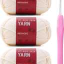 2 x 3 Pack (3 x 50g) Crochet Yarn with Crochet Hook - Worsted Medium Yarn for Crocheting - Easy-to-See Stitches Cotton-Nylon Blend Beginner Knitting Yarns for Adults and Kids (Milky White)