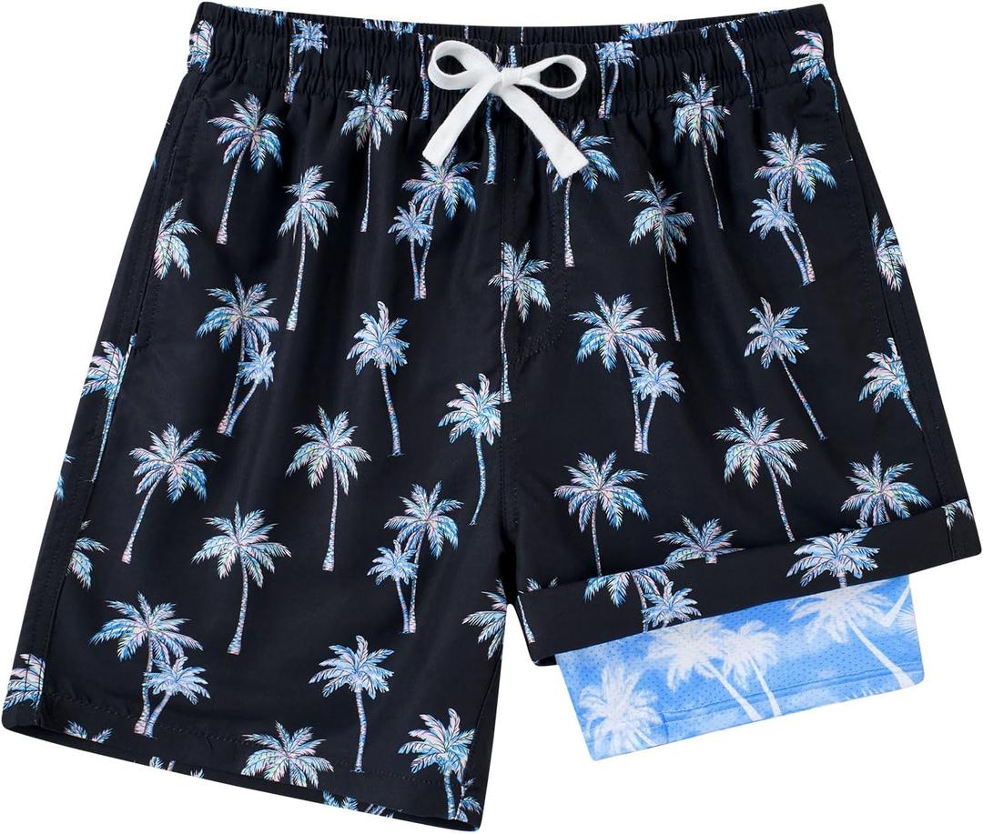 Cozople Boys Swim Trunks with Compression Liner Big Boys Quick Dry Bathing Suit Stretch 2 in 1 Beach Swimming Shorts,10-12 Years, Black Coconut