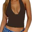 ForeFair Women Sexy Halter Deep V Neck Backless Crop Tank Top Open Back Sleeveless Slim Fit Y2k Summer Tops S