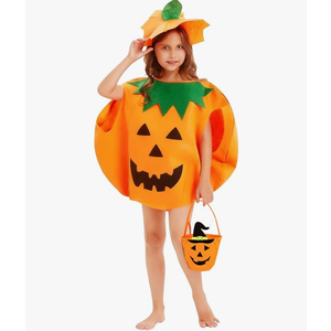 Halloween Kids Pumpkin Costume Set with Poncho, Hat and Treat Bag for Toddler Kids Youth