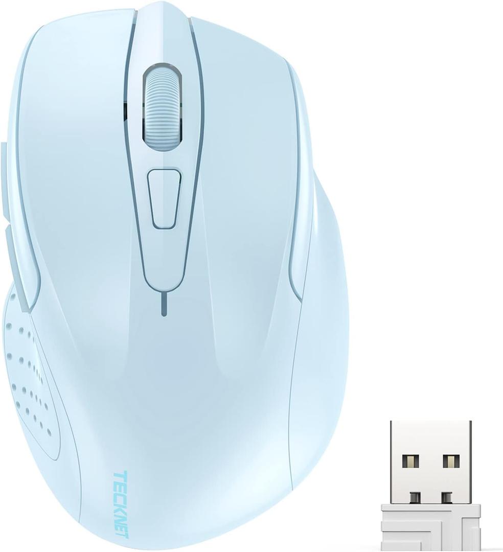 TECKNET Wireless Mouse, 2.4G Ergonomic Optical Mouse, Computer Mouse for Laptop, PC, Computer, Chromebook, Notebook, 6 Buttons, 24 Months Battery Life, 2600 DPI, 5 Adjustment Levels - Lightblue