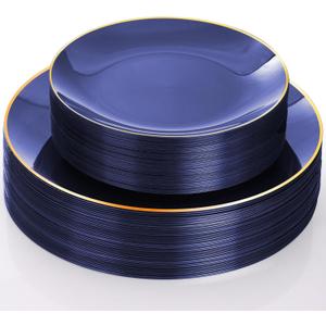40 Pcs Blue Plastic Plates, Navy Blue Plates Disposable With Gold Rim, Blue Plates Heavy Duty for Patriotic Day Graduation Party Birthday Wedding
