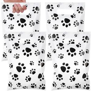 Pasimy  Dog Paw Gift Bags Bulk Pet Paw Puppy Plastic Treat Favor Candy Goodie Bags with Handle for Dog Birthday Party Decoration Supplies(White,Black)