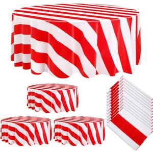 Tatuo 6 Pcs Red and White Round Circus Table Cloth 84 Inch Carnival Circus Tablecloths Striped Disposable Plastic Table Cover for Birthday Party Fiesta Theme Decorations Supplies