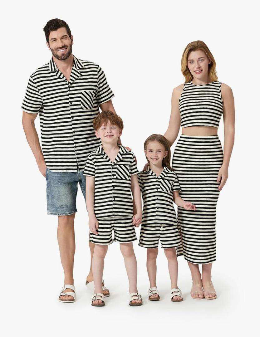 PATPAT Family Matching Summer Outfits, Ribbed Knit Striped Women Skirt Set, Men Button Down Shirt and Kids Outfits Women M