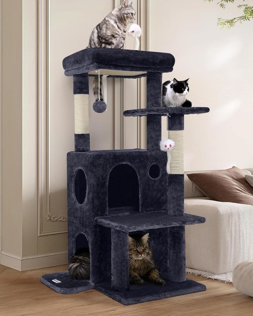 Globlazer Cat Tree Tower for Indoor Cats, 50-inch Adult Cat Tree House for Large Adult Cats with Steps, Scratching Post, 2 Cat Caves, Dangling Toys, FC50, Dark Grey