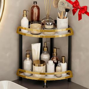 2 Tier Bathroom Organizer Countertop XL Corner Shelf, Black Gold Bathroom Counter Organizers, Large Capacity Vanity Shelves, Corner Skincare Makeup Storage, 9''W x 9''L x 13.78''H