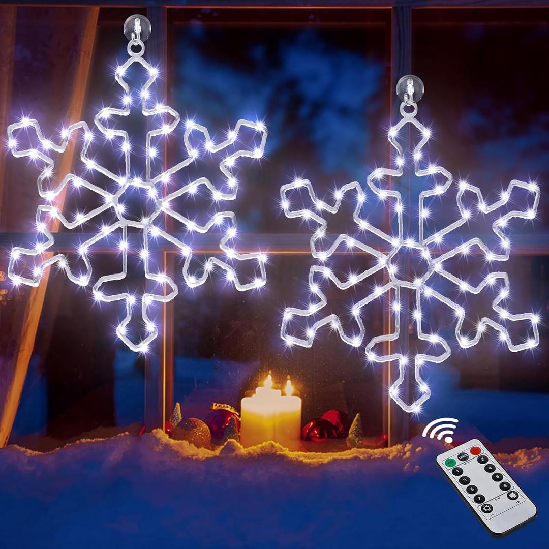 Attmu 2 Pcs Christmas Snowflake Window Lights with 144 LED Cool White, 8 Lighting Modes 12 Inches Snowflake Lights Outdoor Decorations for Home Window Display Furniture Xmas Decor