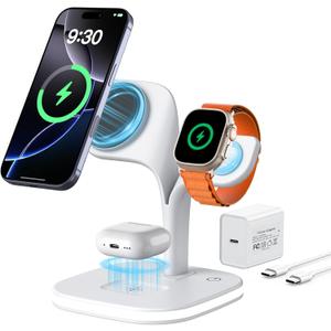 EXW for Magsafe Charger Stand,Charging Station for Multiple Devices,Wireless Charger for iPhone 17 Air 16 15 14 13 12 Series,Apple Watch Series 1-10/Ultra,AirPods Pro with LED and Adapter (White)