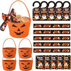 Leinuosen 5 Sets Halloween You've Been Booed Kit 5 Pumpkin Candy Buckets 5 Ghost Doorknob Hangers 5 Boo Cards, Envelopes, Ribbons We've Been Booed Spooky Ghost Gift for Neighbors Friends Coworkers