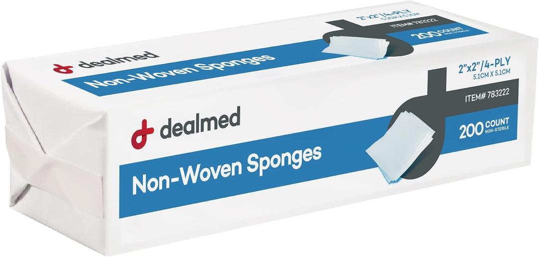 Dealmed 2" x 2" Non-Woven Gauze Sponges (200 Count) 4-Ply All-Purpose Non-Sterile Absorbent Dental Gauze Wound Care Product for First Aid Kit/Medical Facilities (Pack of 1)