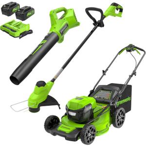 Greenworks 48V (24V x 2) 21" Brushless Self-Propelled Mower+12" String Trimmer+320CFM Blower,(2) 5.0Ah Batteries and 4A Dual Port Charger